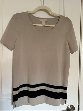 Banana Republic Taupe Short-Sleeve Knit Top with Black Stripes